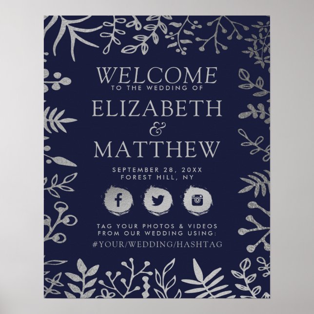 Elegante Hochzeit von Navy & Silver Floral Poster (Vorne)