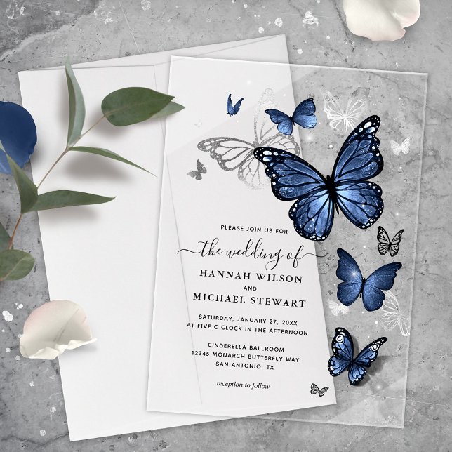 Elegante Hochzeit von Silberschmetterlingen und Na Acryleinladungen (Elegant dark navy blur butterfly acrylic wedding invitations that will bring your fairytale to life!)