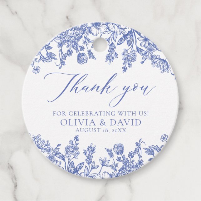 Elegante Hochzeit von Viktorianisch Blue Floral Geschenkanhänger (Vorderseite)