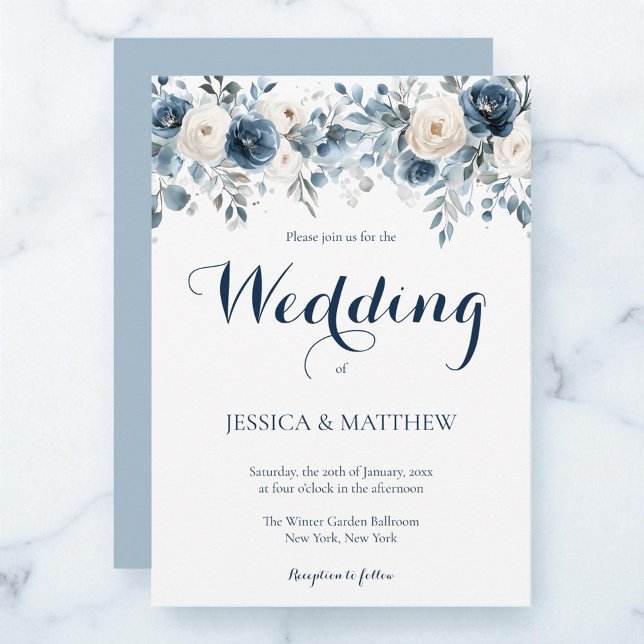 Elegante Hochzeit von Watercolor Dusty Blue White  Einladung (Elegant Watercolor Dusty Blue White Floral Wedding Invitation)