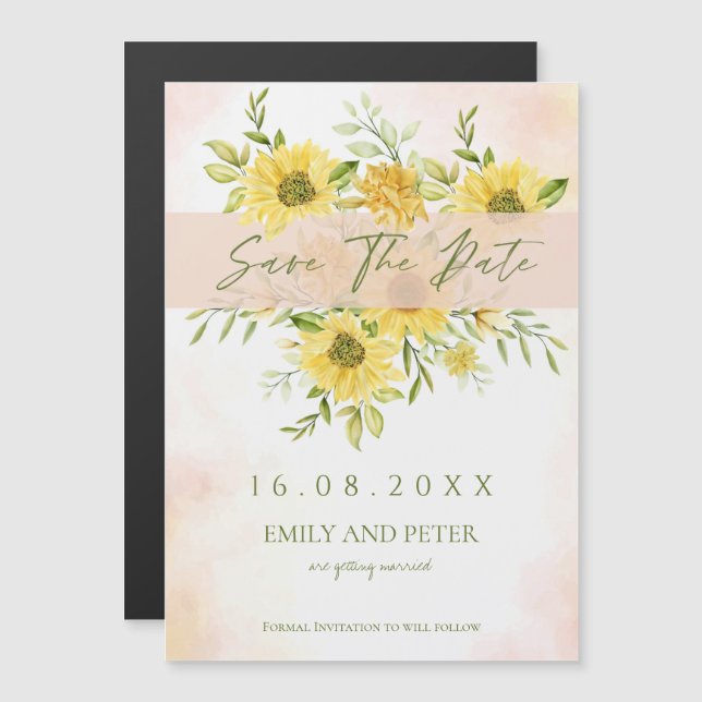 Elegante Hochzeit von Watercolor Gelbe Sonnenblume Magneteinladung (Vorne/Hinten)