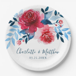 Elegante Hochzeit von Watercolor Red Blue Floral Pappteller