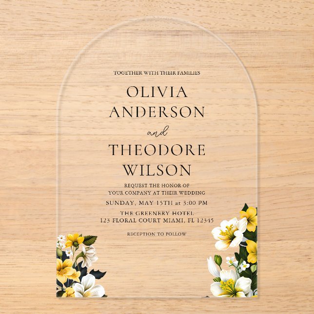 Elegante Hochzeit von Weiß und Gelb Acryleinladungen (Vorderseite)