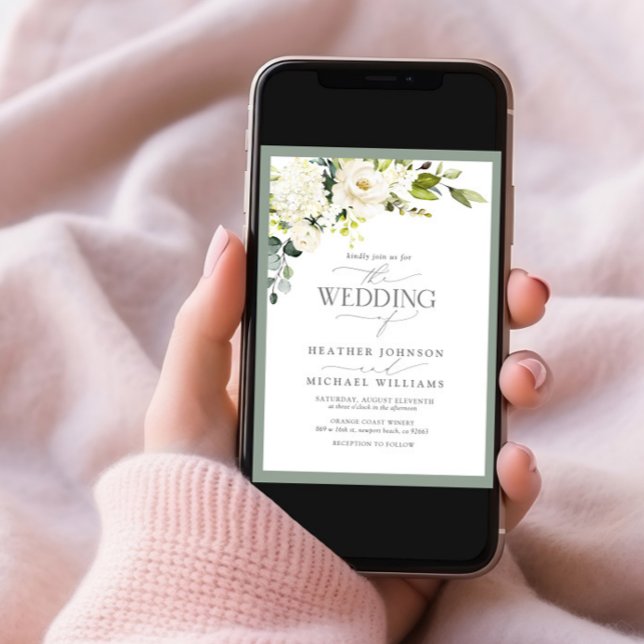 Elegante Hochzeit von White Grey Green Floral Einladung (Von Creator hochgeladen)