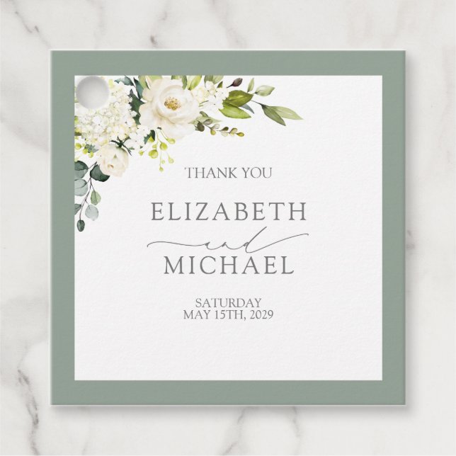 Elegante Hochzeit von White Grey Green Floral Geschenkanhänger (Vorderseite)