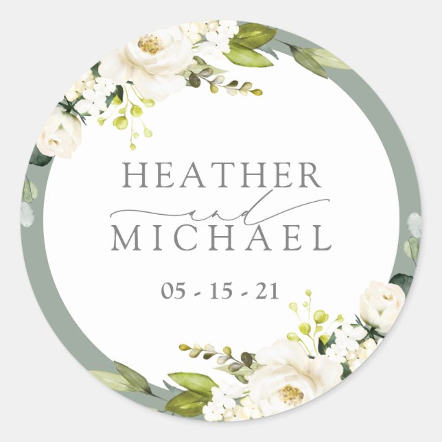 Elegante Hochzeit von White Grey Green Floral Runder Aufkleber (Vorderseite)