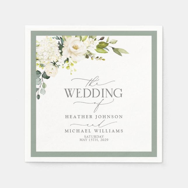 Elegante Hochzeit von White Grey Green Floral Serviette (Vorderseite)