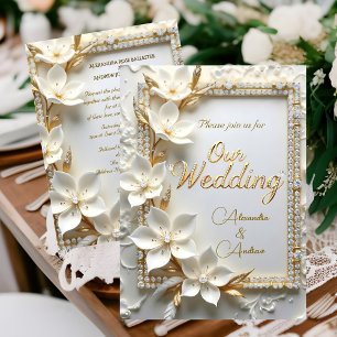 Elegante Hochzeit Weiß geprägte Gold-Diamant-Blume Einladung