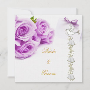 Elegante Hochzeit Weiße Lila Rosen Tauben Glocken Einladung