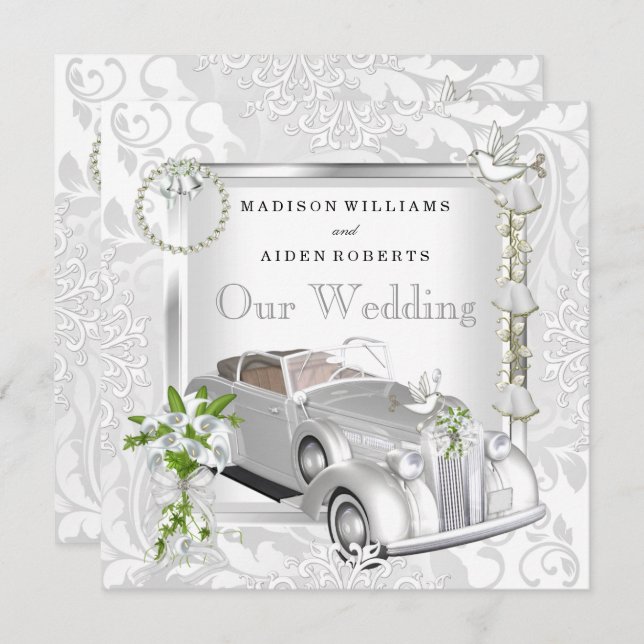 Elegante Hochzeit Weißes Gold Jahrgang Auto Damast Einladung (Vorne/Hinten)