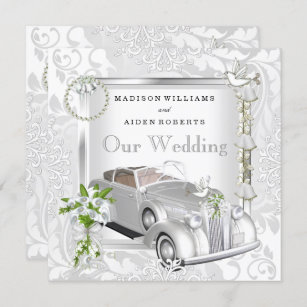 Elegante Hochzeit Weißes Gold Jahrgang Auto Damast Einladung