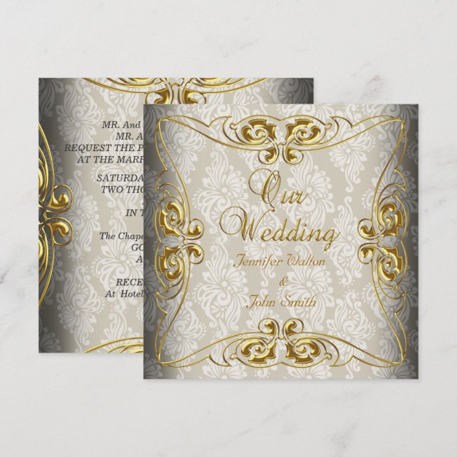 Elegante Hochzeitbeige Gold Damask Einladung (Vorne/Hinten)