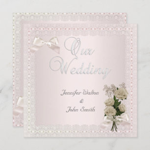 Elegante Hochzeitcreme Pink Lace Bow Rose Einladung