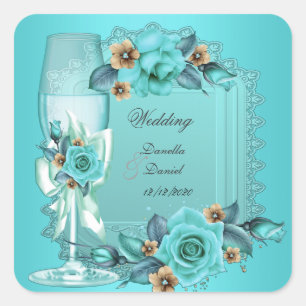 Elegante Hochzeiten Aquamarin Blue Beige Rose Blum Quadratischer Aufkleber