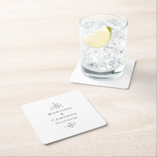 Elegante Hochzeiten Blätter Namen & Datum Schwarz- Rechteckiger Pappuntersetzer