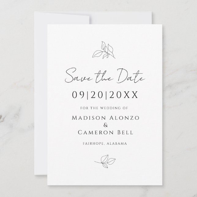 Elegante Hochzeiten Botanische Blätter Schwarz-wei Save The Date (Vorderseite)
