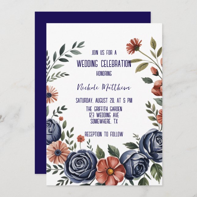 Elegante Hochzeiten der Marine und Korallen Einladung (Vorne/Hinten)