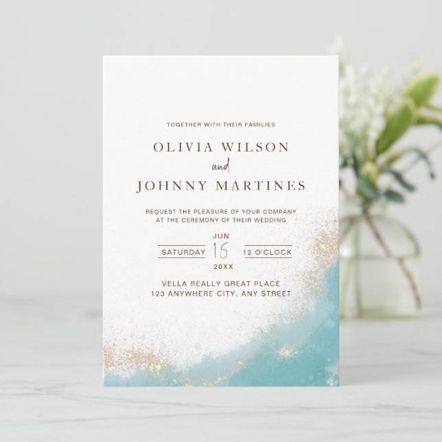 Elegante Hochzeiten Einladung Blau und Gold Hochze (Stehend Vorderseite)