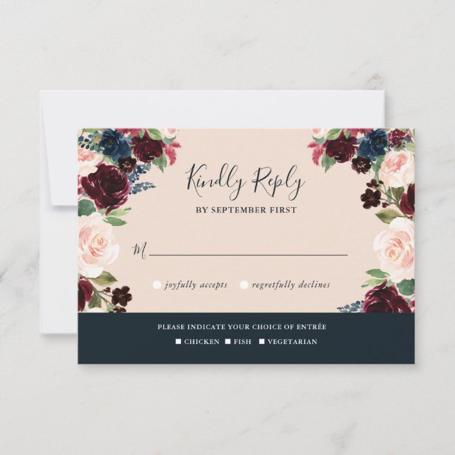Elegante Hochzeiten in Burgund, Rosa und Navy RSVP Karte (Vorderseite)