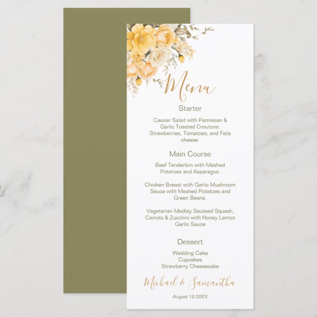 Elegante Hochzeiten in Gelb und Elfenbeinküste Menükarte (Vorne/Hinten)