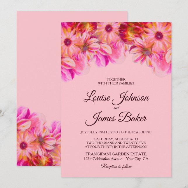 Elegante Hochzeiten in Rosa und Gelb Einladung (Vorne/Hinten)