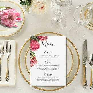 Elegante Hochzeiten mit tropischem Rosa und grünen Menükarte