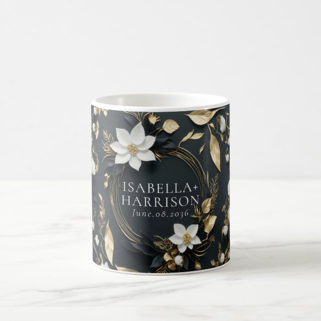 Elegante Hochzeiten Schwarz-weiß und Gold floral Kaffeetasse (Mittel)
