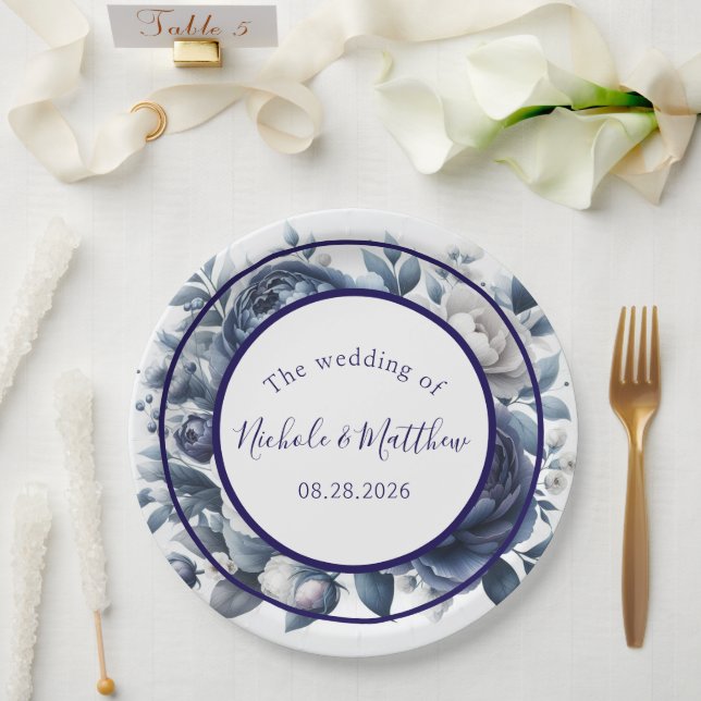 Elegante Hochzeiten von Navy Blue Peonies & White  Pappteller (Hochzeit)