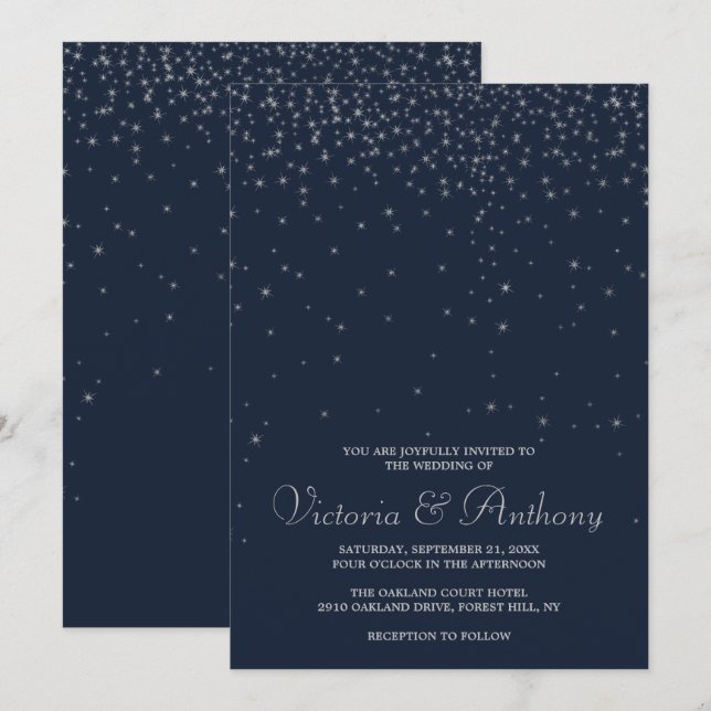 Elegante Hochzeiten von Navy & Silver Falling Star Einladung (Vorne/Hinten)