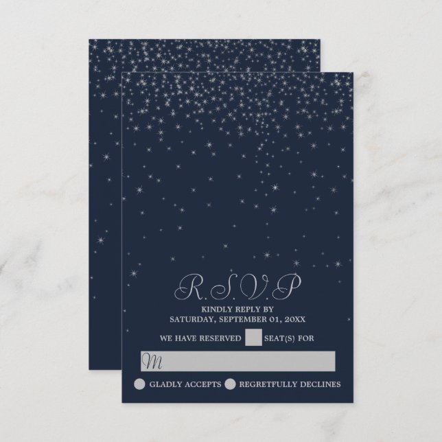Elegante Hochzeiten von Navy & Silver Falling Star RSVP Karte (Vorne/Hinten)