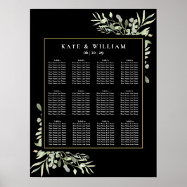 Elegante Hochzeitgrün Schwarzes Gold Seating Chart Poster