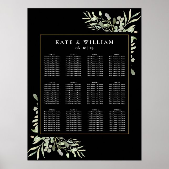 Elegante Hochzeitgrün Schwarzes Gold Seating Chart Poster (Vorne)
