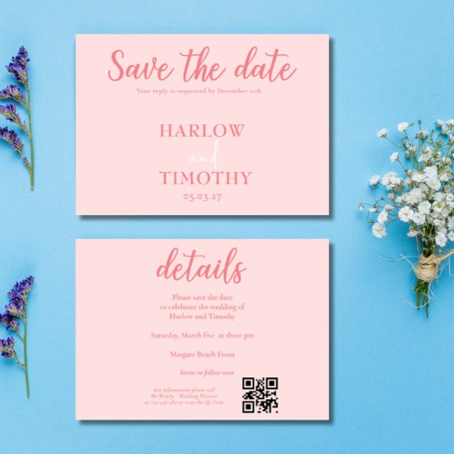 Elegante Hochzeitkarte Rosa QR-Code Save the Date (Elegant Wedding card Pink QR code Save the Date)