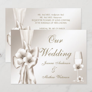 Elegante Hochzeits-Champagner-Blumen-Cream-Schleif Einladung
