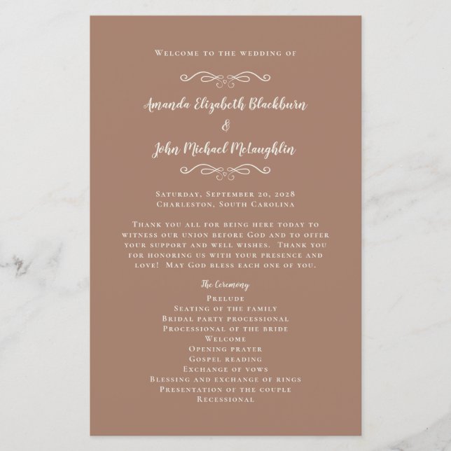 Elegante Hochzeits-Programme Mocha Moderne Trauzer (Vorderseite)