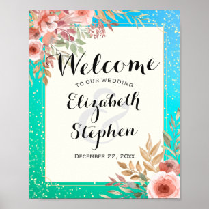 Elegante Hochzeitsbegrüßung Rosa Blumen Türkis Gol Poster