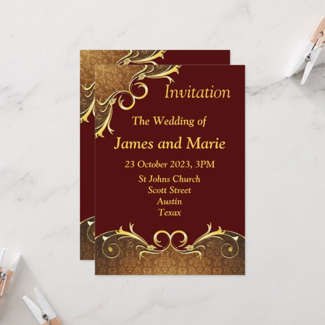 Elegante Hochzeitseinladung, Bergundy/Goldrolle Einladung (Vorderseite/Rückseite Beispiel)