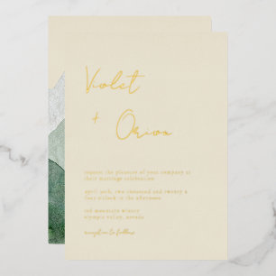 Elegante Hochzeitseinladung mit Goldfolie und Berg Folieneinladung