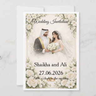 Elegante Hochzeitseinladung mit weißen Blumen und  Einladung