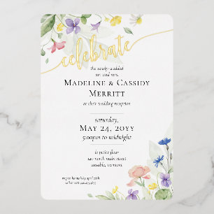 Elegante Hochzeitsempfang Wasserfarbe Wildblumen Folieneinladung
