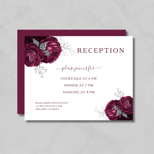 Elegante Hochzeitsempfehlung für Burgund Begleitkarte (Elegant Burgundy Floral Wedding Reception Enclosure Card)