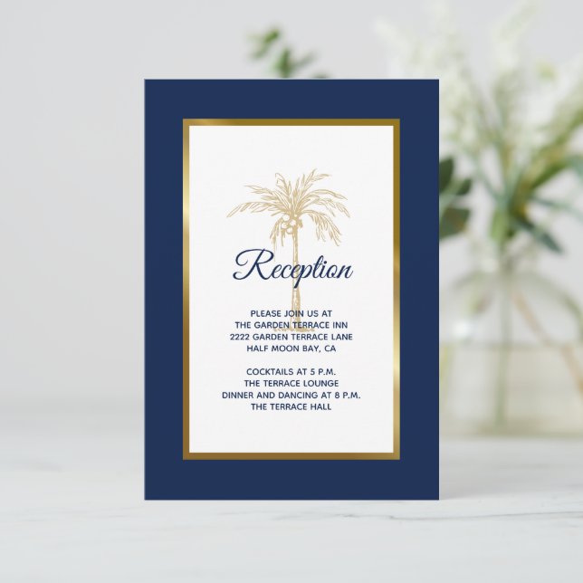 Elegante Hochzeitsempfehlung mit Blue Gold Palm Tr Begleitkarte (Stehend Vorderseite)