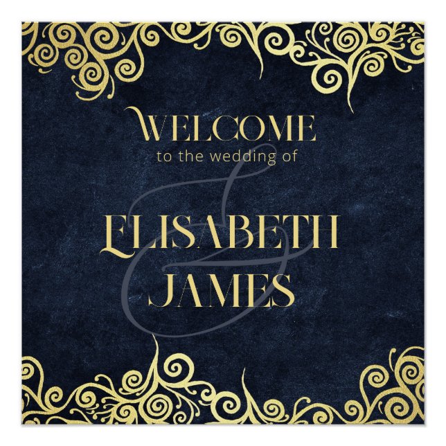 Elegante Hochzeitsfeier in Blau und Gold Poster (Vorderseite)