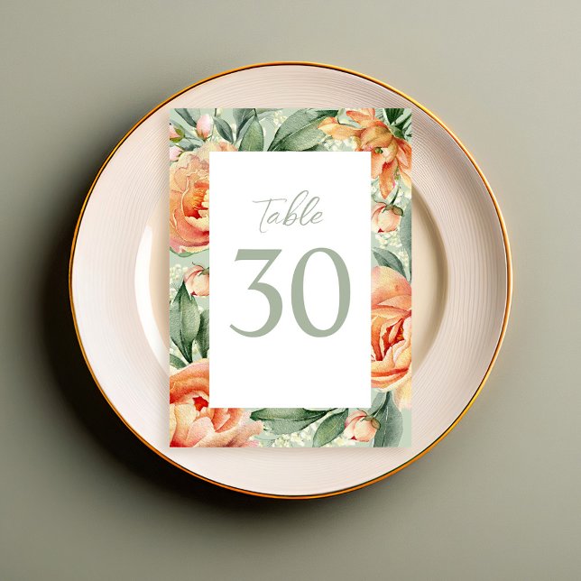 Elegante Hochzeitsflora der Grünen Pfirsich Tischnummer (Elegant watercolor wedding table number with peach and blue floral. )
