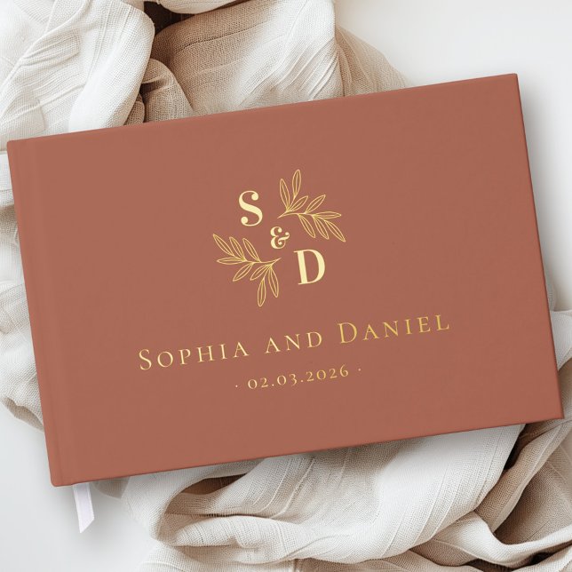 Elegante Hochzeitsgrün in Monogramm verlasst echte Gästebuch (Elegant wedding monogram greenery leaves real foil guest book)