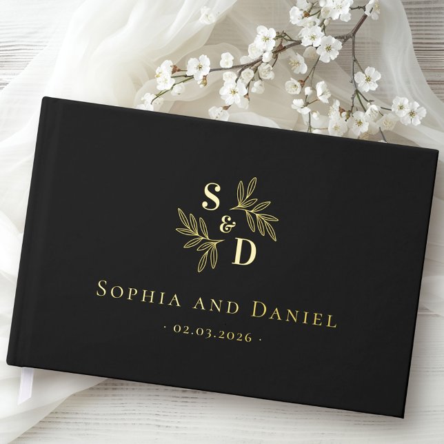 Elegante Hochzeitsgrün in Monogramm verlasst echte Gästebuch (Elegant wedding monogram greenery leaves real foil guest book)