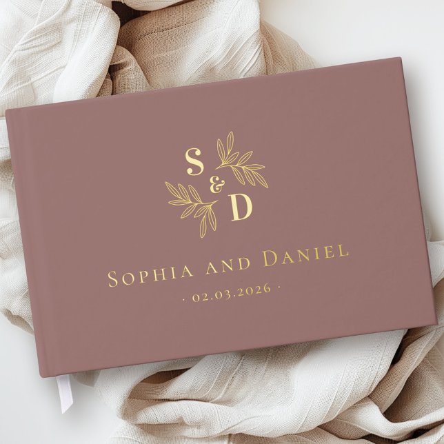 Elegante Hochzeitsgrün in Monogramm verlasst echte Gästebuch (Elegant wedding monogram greenery leaves real foil guest book)