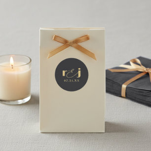 Elegante Hochzeitsinitialen Matt Schwarz Gold ID13 Runder Aufkleber
