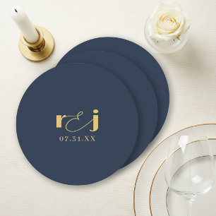 Elegante Hochzeitsinitialen Navyblau Gold ID1312 Runder Pappuntersetzer