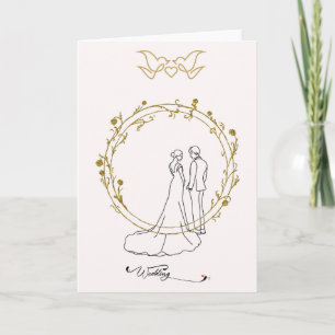 Elegante Hochzeitskarte mit Brautpaar & Goldkranz Karte